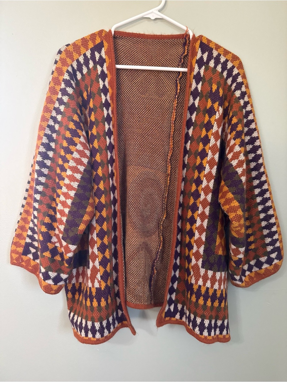 Open-Front Geometric Knit Cardigan Sweater - Rust Multi